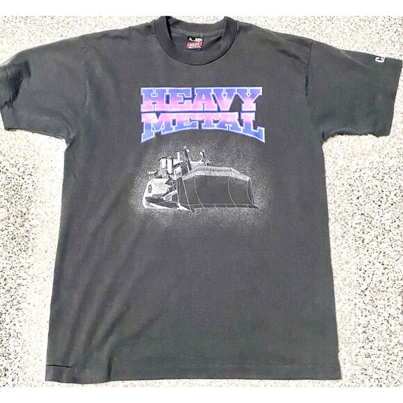 Vintage 90s HEAVY METAL Cat Caterpillar Black Short Sleeve Shirt Size Large USA - Picture 1 of 4